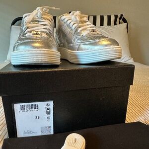 Chanel Laminated Calfskin CC Womens Sneakers Silver